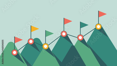 Illustration of mountains with flags on top connected by a line representing progress or achievements