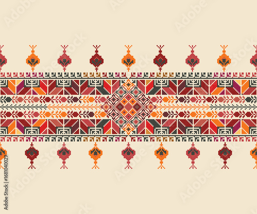 Traditional Tatreez embroidery horizontal seamless pattern, Palestinian border. Scalable vector design for print, background, template