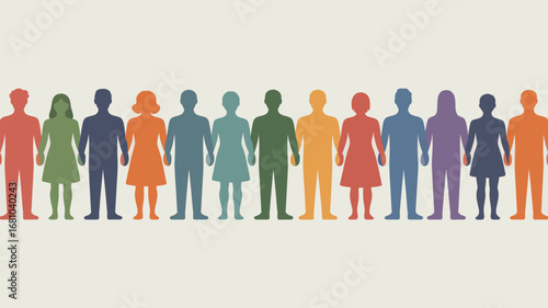 A diverse group of people standing together holding hands in a row representing unity and cooperation concept