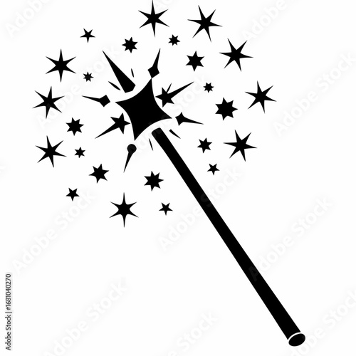 Black magic wand with sparkles and stars on white background
