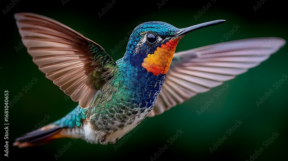 Fototapeta premium A stunning hummingbird with colorful plumage hovers gracefully in mid air against a blurred green background.