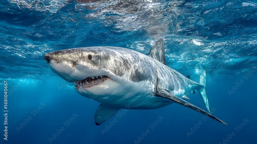 Naklejka premium Great white shark swimming just below surface with visible teeth in clear, turquoise ocean environment.