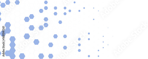 Blue white Hexagon honeycomb pattern fading geometric shape texture. Abstract futuristic background for technology, science, data UI design, skin care medical product, web banner. Vector backdrop