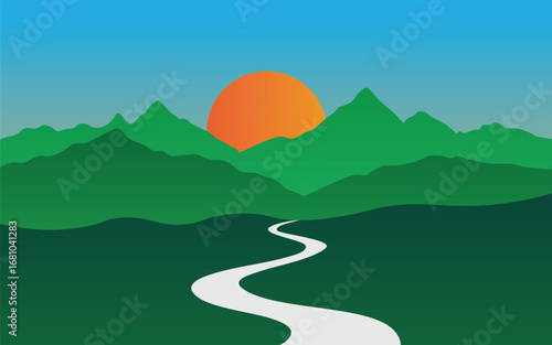 Winding path through mountains at sunrise with vibrant colors. Ideal for travel, nature, adventure, and new beginnings themes, perfect for web backgrounds, presentations, and digital or print art.