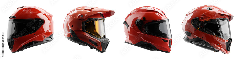 Fototapeta premium Set of modern shiny red motorcycle helmets, wide-angle cutout, glossy biker protective headgear, high-gloss riding helmet design, professional motorbike safety helmet transparent background