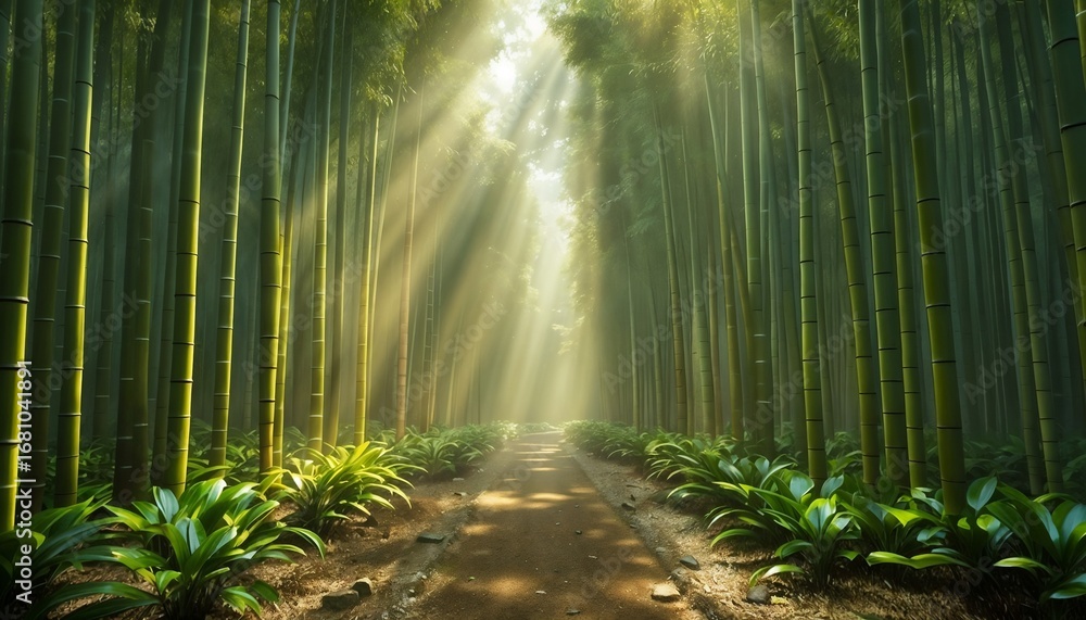 Fototapeta premium Tranquil Bamboo Forest Pathway Surrounded By Vibrant Green Foliage