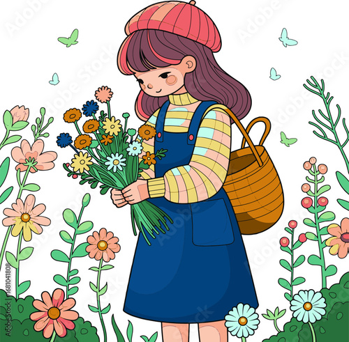 cute girl cartoon character harvesting flowers in the garden 