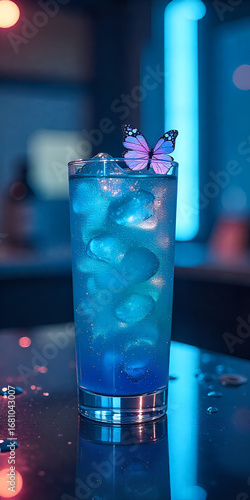 The scene features a layered galaxy drink with blue spirulina, butterfly pea flower tea, and edible stars, presented on a futuristic, chrome table in a neon-lit space station at night.