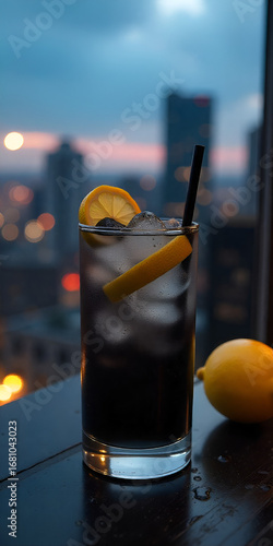 The scene features a charcoal lemonade with activated charcoal and lemon slices, served in a sleek glass against a dark, moody urban rooftop bar at twilight.