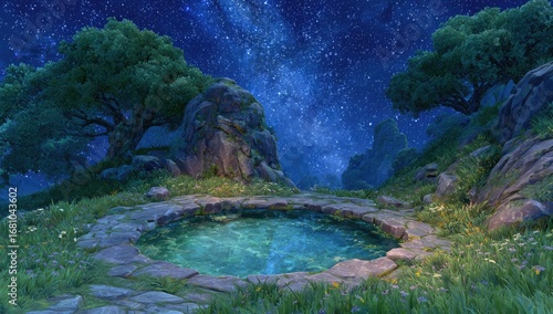 Nightly pool,  ancient stones, starry sky