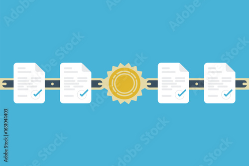 A blockchain concept with documents connected by a chain and a seal on a light blue background