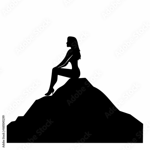 Silhouette Girl Sitting On Top Mountain image vector isolated on white background.