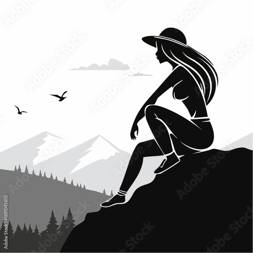 Beautiful woman sitting on mountain top and contemplating landscape silhouette vector.