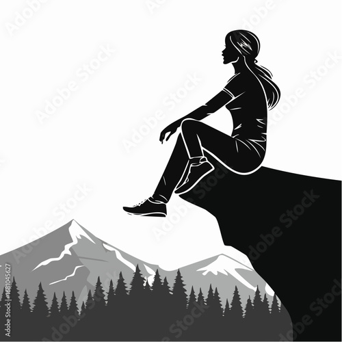 Beautiful woman sitting on mountain top and contemplating landscape silhouette vector.