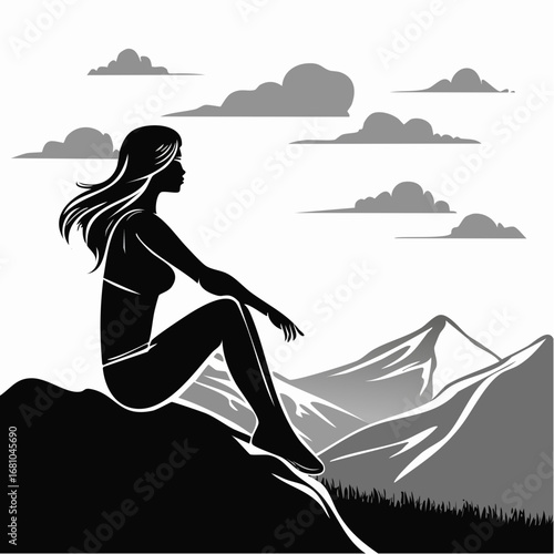 Beautiful woman sitting on mountain top and contemplating landscape silhouette vector.