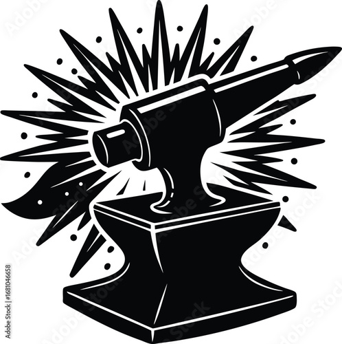 Dynamic silhouette of a hammer striking an anvil with a clean white background