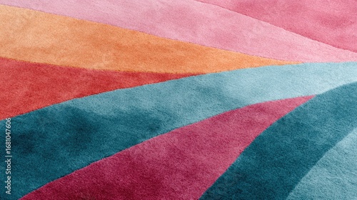 Colorful abstract carpet design featuring wavy patterns in shades of pink, orange, teal, and blue, creating a vibrant and modern interior aesthetic with visual appeal