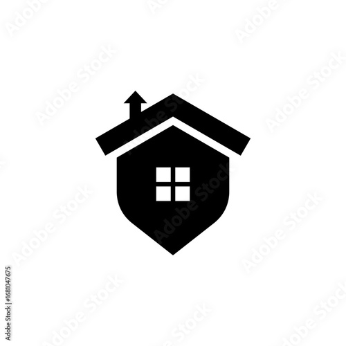 Black and white logo depicting a house shape combined with a shield, featuring a window and chimney.