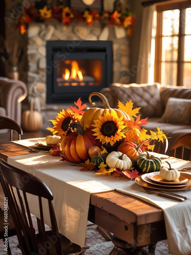 Cozy autumn home interior with pumpkin centerpiece, candles and fall leaves decoration