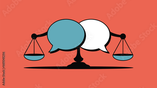 Illustration of scales balancing speech bubbles in blue and white on a salmon colored background