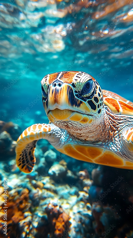 Obraz premium Striking underwater photo of a magnificent sea turtle swimming near the coral reef