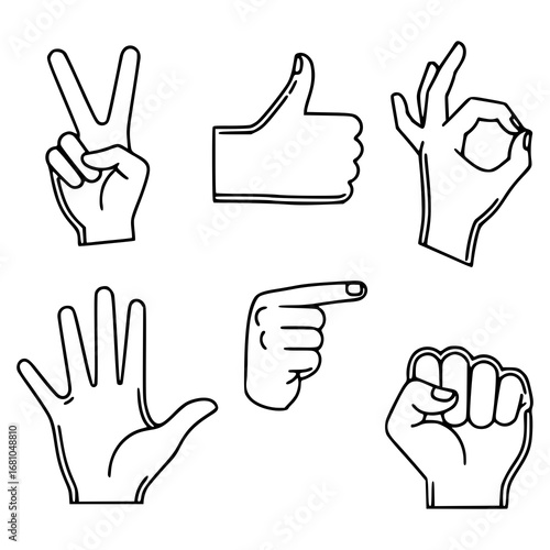 Outline Illustration of Diverse Hand Gestures for Communication and Expression