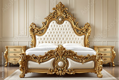 Luxury Gold Ornate Bed: White Tufted Headboard, Baroque Style Bedroom Furniture, Elegant Interior Design, Royal Sleeping Quarters