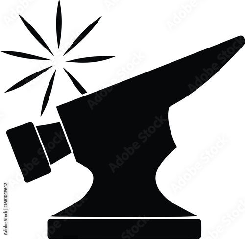 Silhouette of a hammer striking an anvil with a clean white background