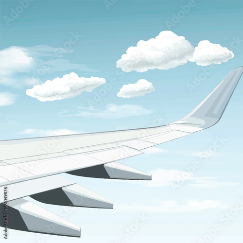 Airplane Wing Soaring Above Fluffy Clouds in a Light Sky
