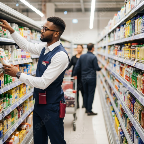 Homme faisant ses courses dans un supermarché moderne, tenant un produit alimentaire devant les rayons