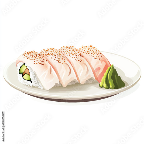 Artistic Sushi Roll with Avocado Topped with Fish and Sesame Seeds Served with Wasabi