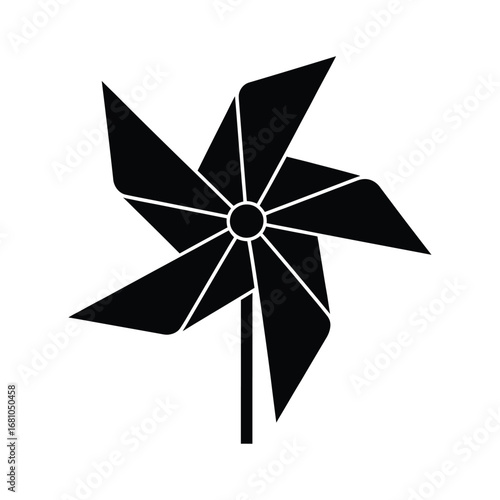 Simple black silhouette of a classic pinwheel toy on a white background