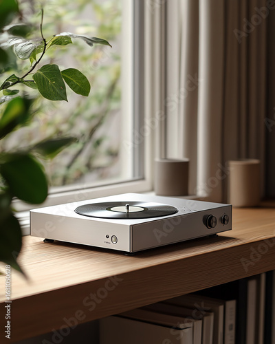 A stylish turntable on a wooden table by the window, with a plant and soft curtains enhancing the cozy atmosphere.