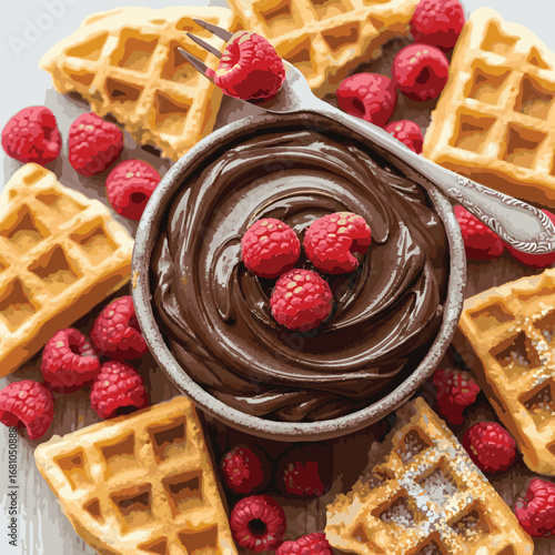 create Chocolate Dip with Raspberries, and Waffles