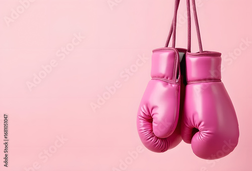 Pink boxing gloves on pink background, breast cancer awareness and sport