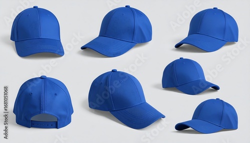 A photorealistic collection of a blank royal blue baseball cap displayed from multiple angles in a clean studio setting for mockup designs