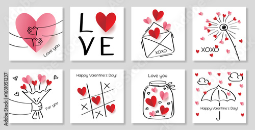 Set of template greeting handmade card for lovers. Happy Valentine's Day. Paper 3D hearts, hand drawn doodle elements. Vector illustration.