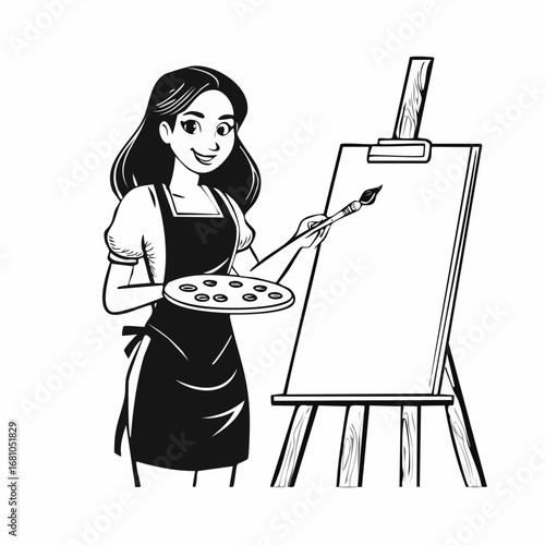 Pretty Girl artist paints on canvas painting on the easel image vector isolated on white background.