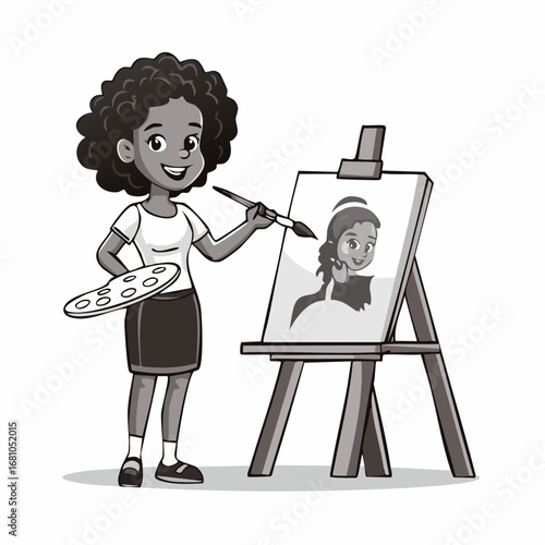 Pretty Girl artist paints on canvas painting on the easel image vector isolated on white background.