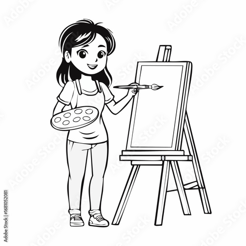 Pretty Girl artist paints on canvas painting on the easel image vector isolated on white background.