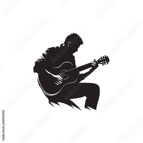 Acoustic Guitar Player Silhouette Vector – Musician Sitting and Playing