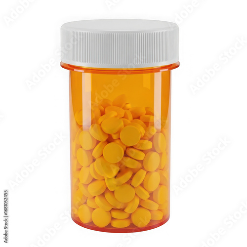 Orange prescription pill bottle filled with yellow tablets isolated on transparent background