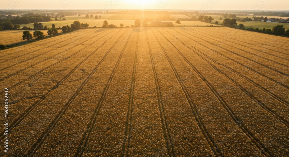 Fototapeta premium Aerial View of Golden Wheat Field at Sunset