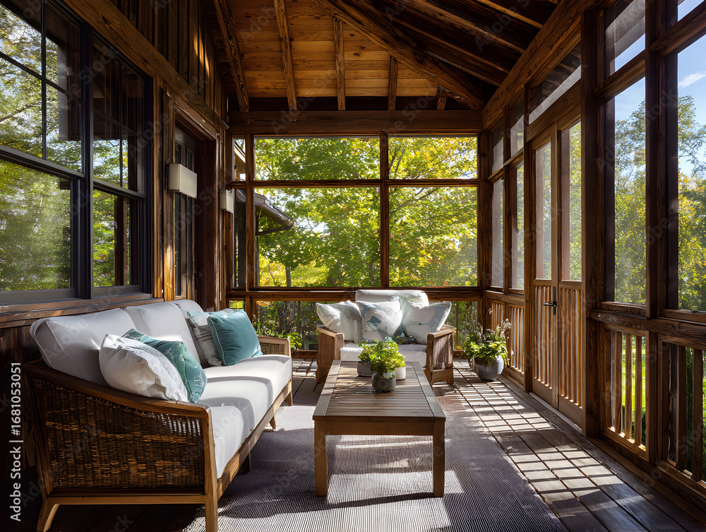 Fototapeta premium Rustic Wooden Sunroom with White Cushions and Green View