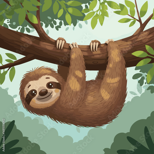 create illustration of a sloth on a tree branch with leaves in a simple outdoor scene. The scene captures a cute animal in its natural habitat,