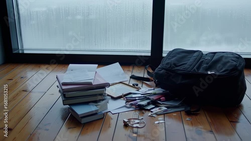 Messy desk by window with bag with papers, books, and rainy day.