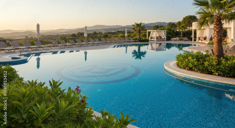 Fototapeta premium Luxury Resort Pool with Scenic View at Sunrise