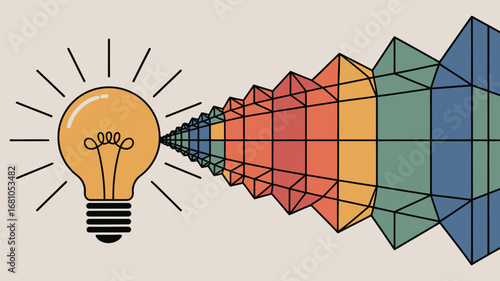A lightbulb emitting radiating colored cubes with black outlines on a light beige background design