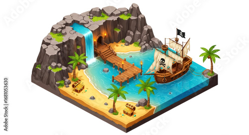 pirate cove waterfall tropical island treasure, hidden cove, isometric game asset, isolated on transparent background