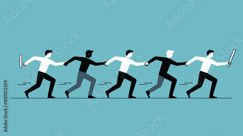 Illustration of five people running and passing a baton in a relay race on a blue background design